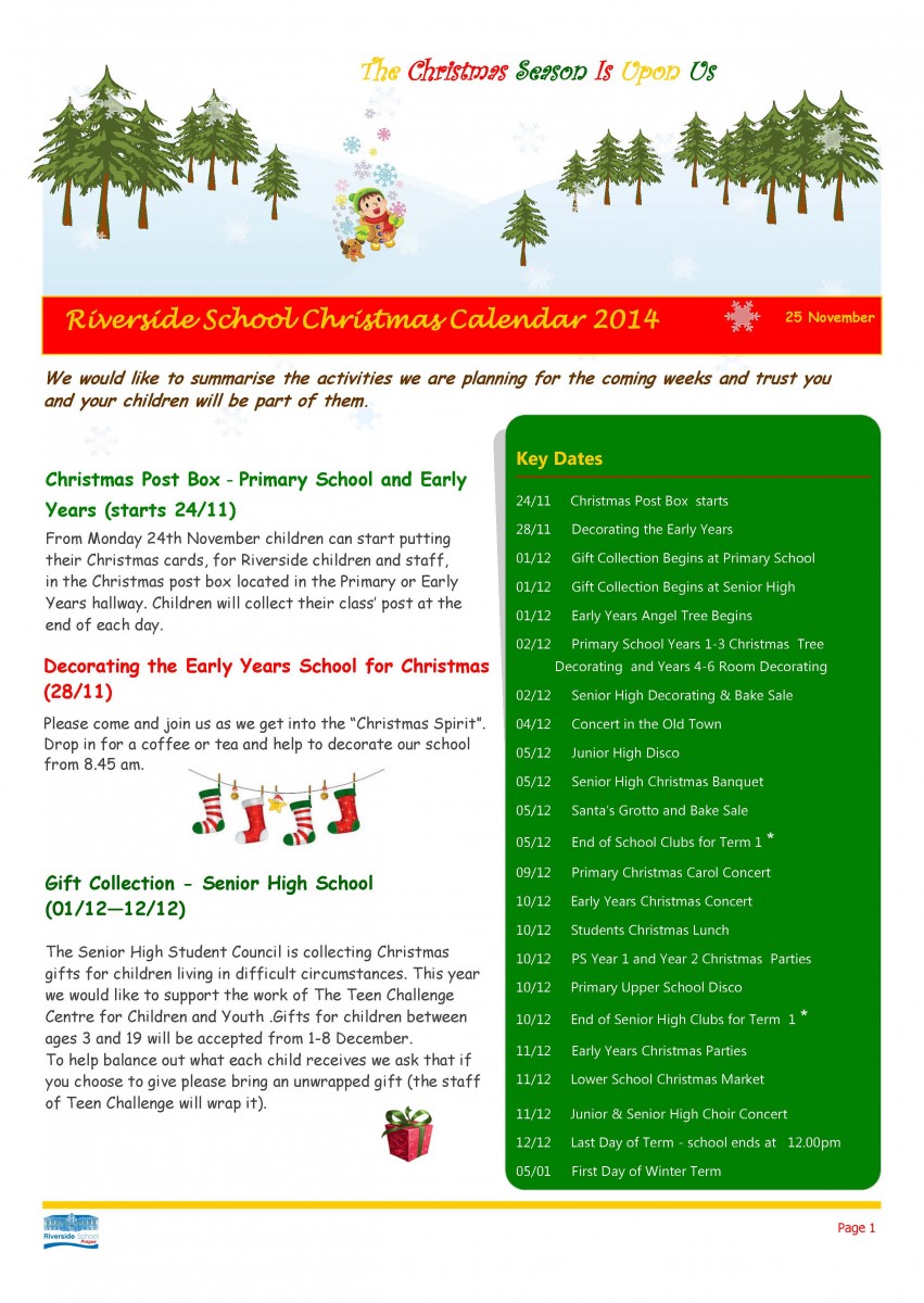 Christmas Events Calendar - Riverside International School 